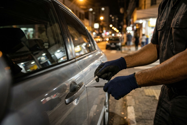 Chaveiro abrindo porta de carro com ferramenta profissional